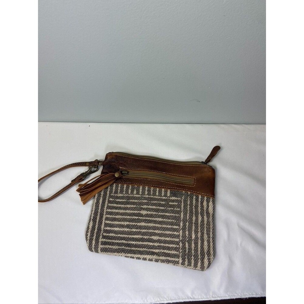 MYRA BAG WOMENS LEATHER CANVAS CARPET WRISTLET 9 X 7.5